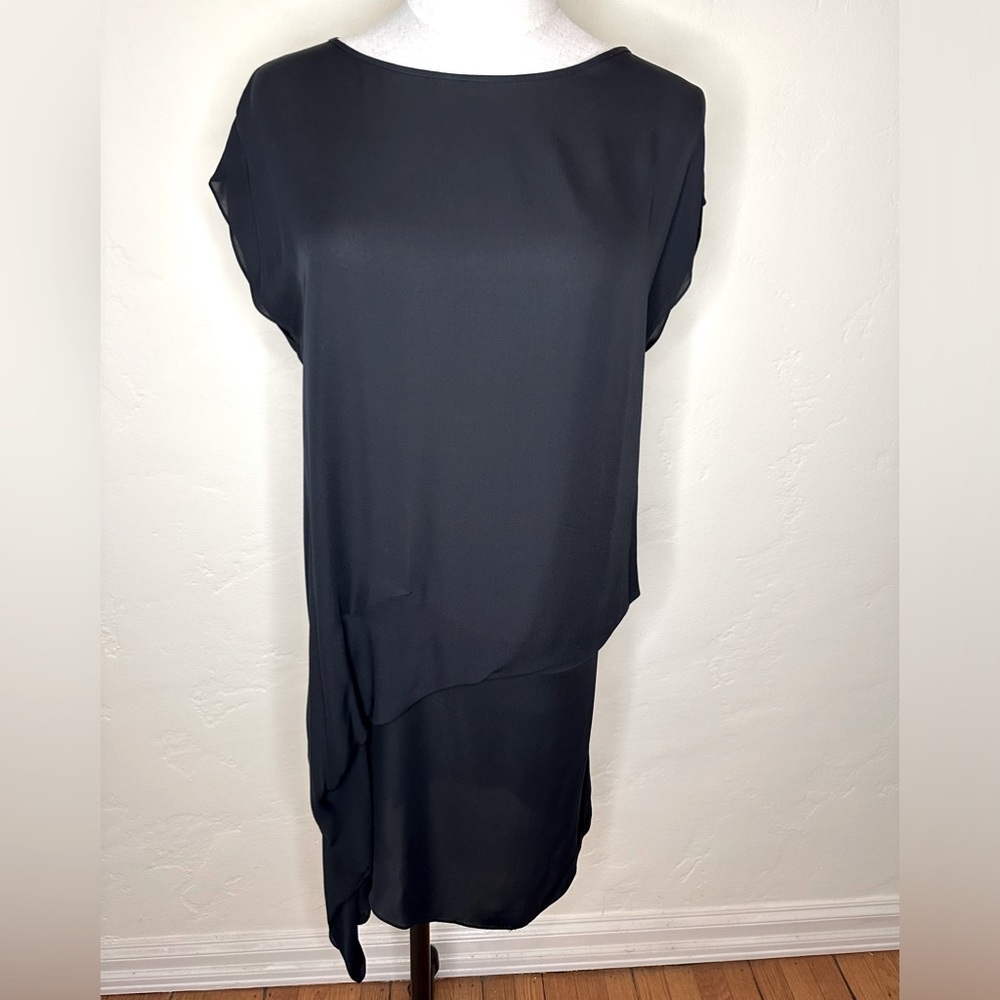 Morgane Le Fay black silk chiffon sleeveless dress w/beautiful draping Size XS